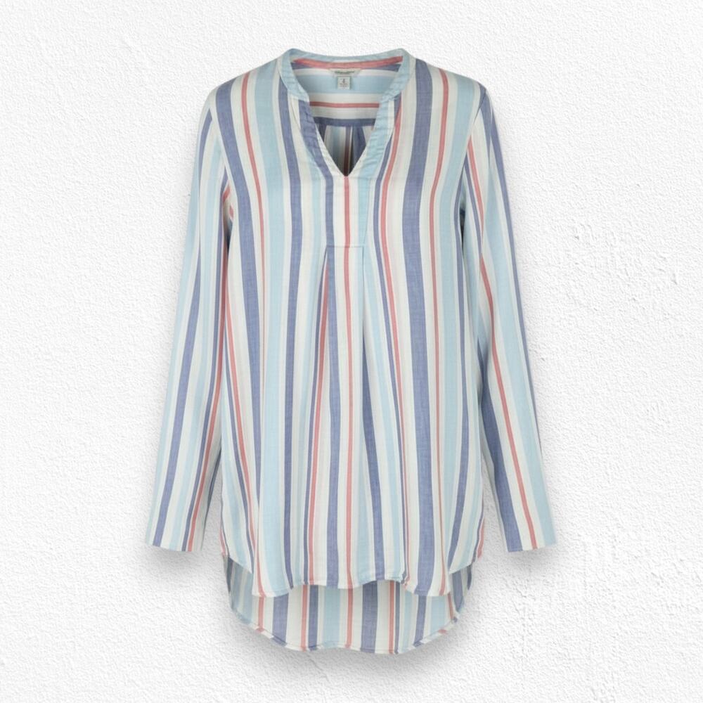 L.L. Bean 100% Linen Blue White Stripe Tunic Long Sleeve Summer Shirt Size Small